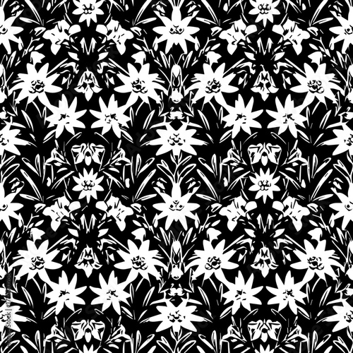 Intricate Black and White Floral Pattern with Repeating Flower Motifs