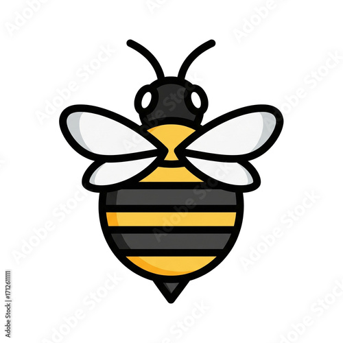 A cute and simple cartoon illustration of a bee with yellow and black stripes and white wings.