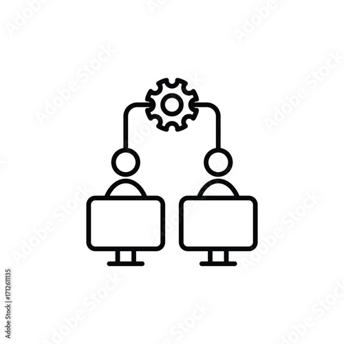 Two computer setups are linked via a gear and head symbols. Line icon. Editable stroke