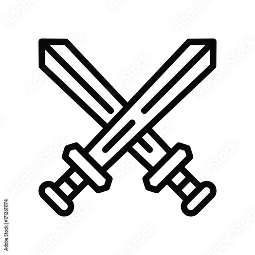 Two crossed swords are displayed. Line icon. Editable stroke