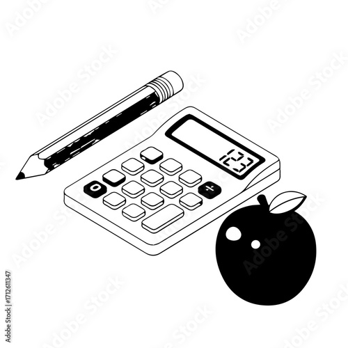 Isometric Illustration of a Calculator, Pencil, and Apple