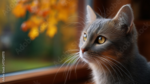 Gray cat gazing out the window with autumn leaves in background  