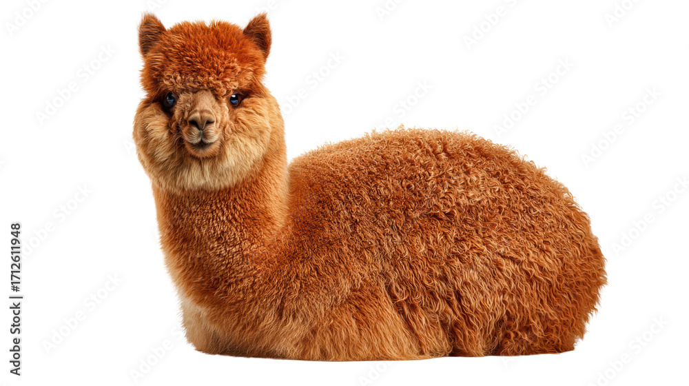 Fototapeta premium Friendly brown alpaca resting on a white background, showcasing its soft fur and charming expression.