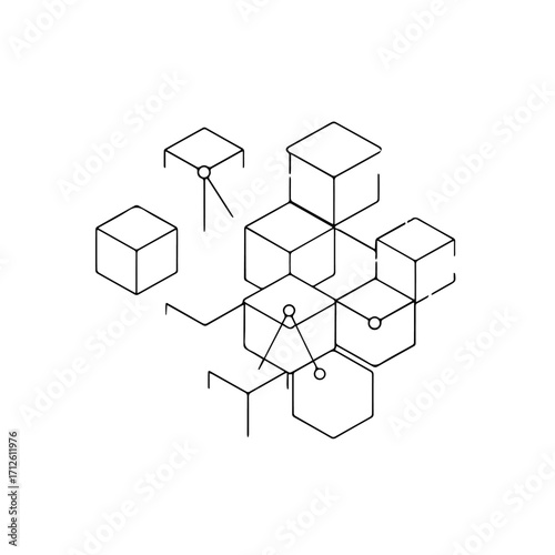 Minimalist abstract geometric structure with interconnected cubes, hexagons, and nodes, rendered in clean black line art.