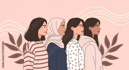 Diverse Women in Profile Striped Sweater Hijab Floral Shirt and Hoodie.
