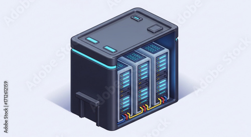 Isometric illustration of a server rack, a specialized hardware system used for data storage and processing