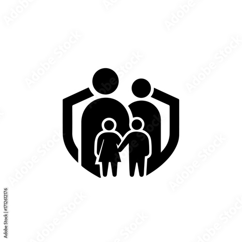 Minimalist black glyph icon of a family of four, parents forming a protective shield around their children holding hands.