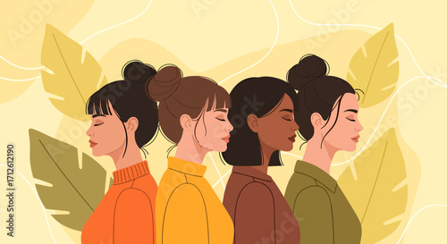 Diverse women in profile with closed eyes wearing colorful sweaters and hair buns.