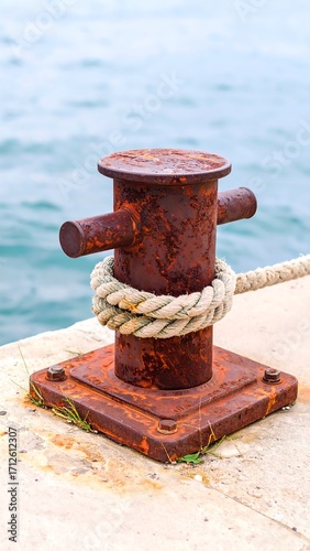 Rusty mooring bollard with rope