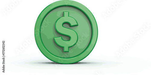 Isolated 3D green dollar coin representing currency, financial markets, and economic concepts