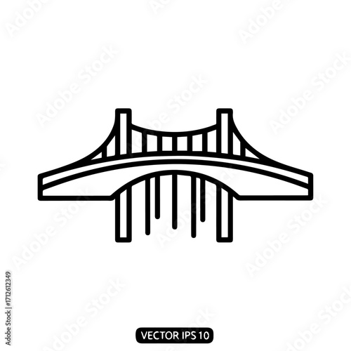 Minimalist black outline suspension bridge icon vector illustration, simple line art design.