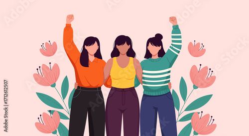 Empowered Trio Diverse Women United with Raised Fists Amidst Floral Accents.