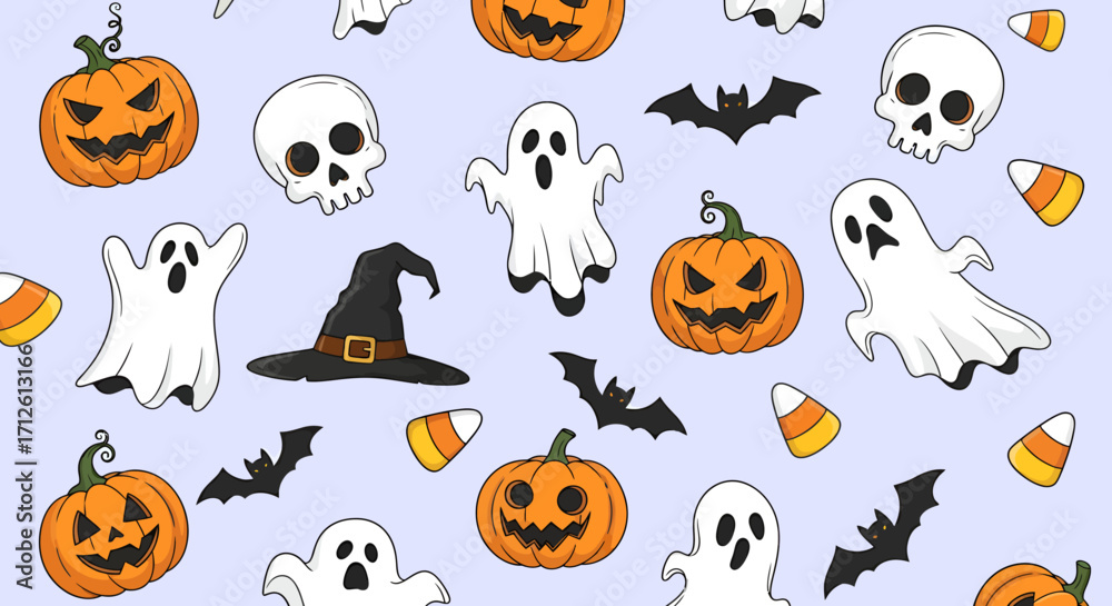 Naklejka premium Halloween Pattern with Jackolanterns Ghosts Bats Skulls Witch Hat and Candy Corn.