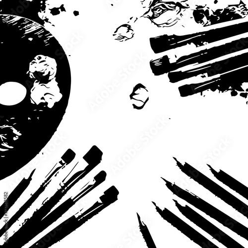 Monochrome Artist's Palette with Paintbrushes and Pencils