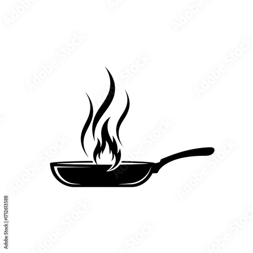 Frying pan with flames silhouette isolated on white background
