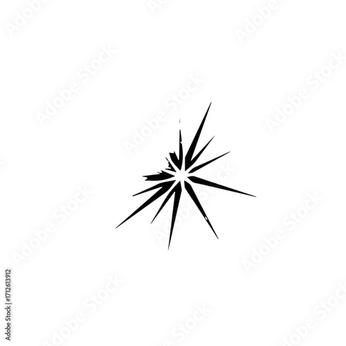 Monochrome graphic illustration of a shattered crack, an abstract starburst explosion with sharp, radiating lines.