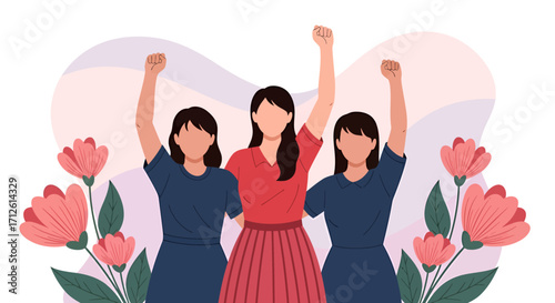 Three Faceless Women Raising Fists in Solidarity with Floral Accents.