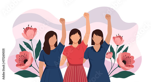 Three Faceless Women with Raised Fists and Floral Accents in a Graphic Style.