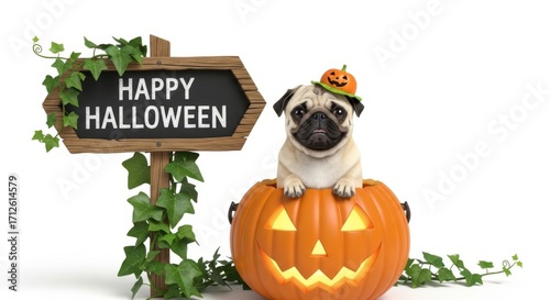 Cute pug wearing a pumpkin hat sits on a jackolantern isolated on white background