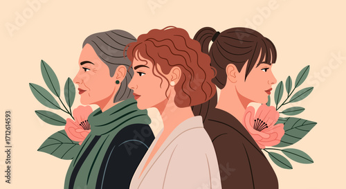 Three generations of women in profile with floral accents diverse hairstyles.