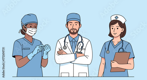 Three healthcare workers a masked surgeon a doctor with crossed arms and a nurse.