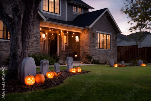 Spooky Halloween decorations in a cozy front yard at dusk Generative AI