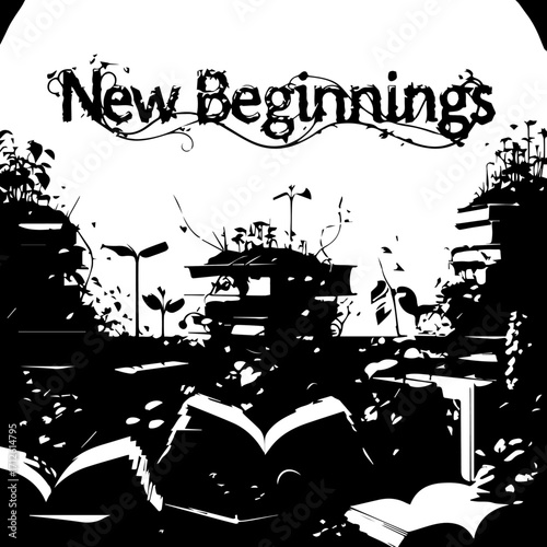 Monochrome Illustration of Books Overgrown with Plants, Symbolizing New Beginnings