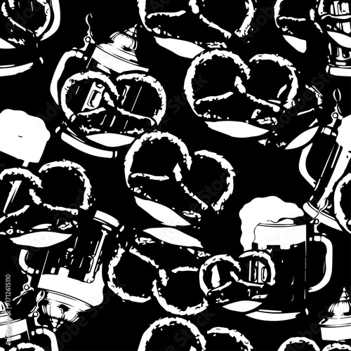 Monochrome Pattern of Pretzels and Beer Steins