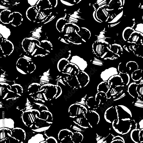 Monochrome Pattern of Stein and Pretzels:  Intricate Black and White Illustration of a Beer Stein Surrounded by Soft Pretzels