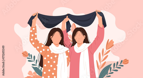 Two Faceless Women Holding a Black Cloth in Solidarity with Floral Accents.