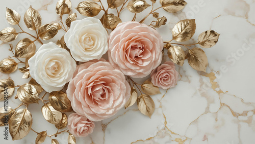Opulent 3D Rose Floral Background with Ivory and Gold Accents