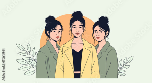 Three stylish women with topknots wearing blazers in a minimalist illustration.
