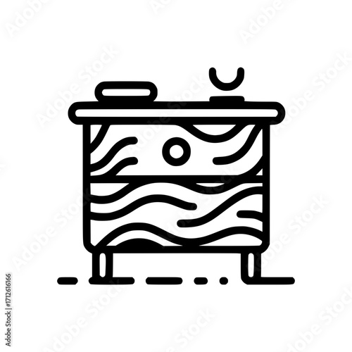 A simple drawing of a unique wooden nightstand. The nightstand has a single drawer, four legs, and a striped pattern, perfect for use as a bedroom or home decor illustration