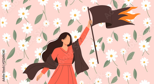 Woman in coral dress raising a dark flag with orange bird emblem.