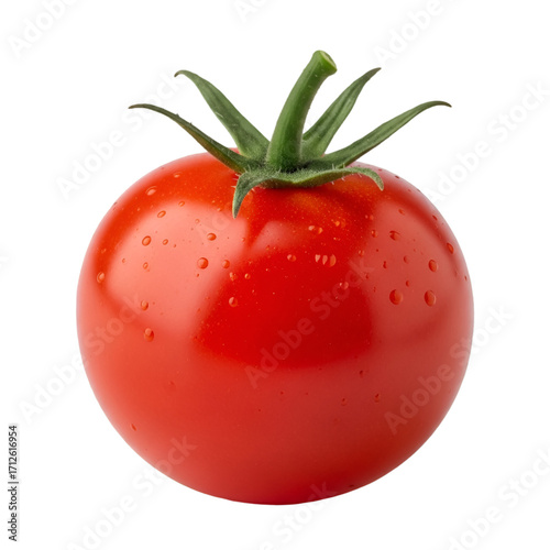 A single ripe red tomato with water droplets isolated on transparent background