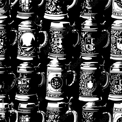 Ornate White Beer Steins with Intricate Engravings on Black Background