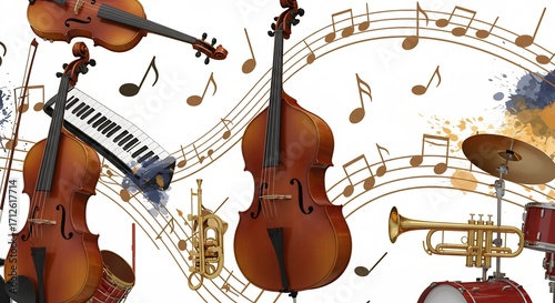 Tapety artystyczne 躍動感溢れる楽器群 音符が舞い踊る華麗な音楽の世界. AI Generated