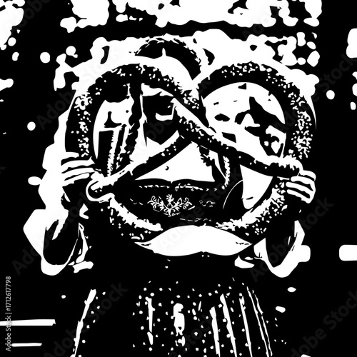 Person in traditional folk dress holding a large, twisted, textured pretzel, obscuring face.