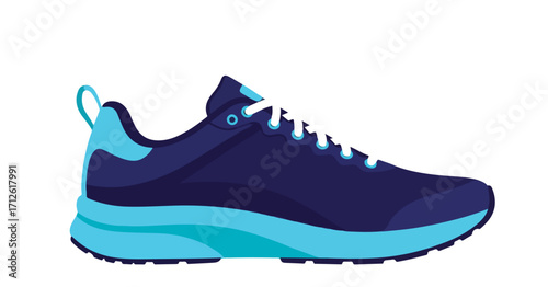 Vector illustration of a modern blue running shoe for sports and fitness, side view of an athletic sneaker isolated on a white background