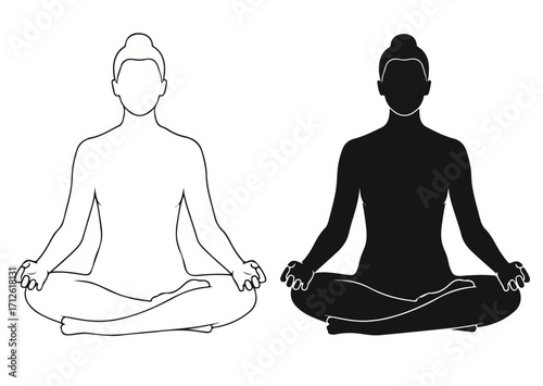 Minimalist black and white icons of a human figure sitting in Padmasana yoga pose, representing zen, balance, and spiritual practice for a healthy lifestyle