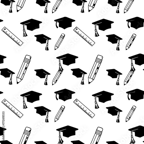 Seamless Pattern of Graduation Caps, Pencils, and Rulers
