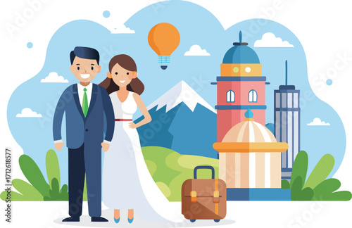 Vector art of a newlywed couple on honeymoon with famous landmarks
