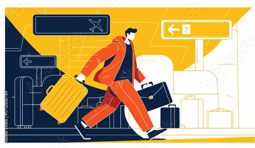 Energetic traveler rushing through a bustling airport terminal with bright yellow luggage, heading towards their next exciting destination for adventure or business travel