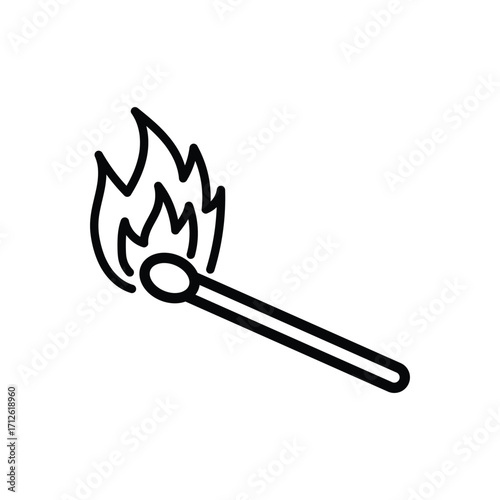 An ignited matchstick creates flickering flames in this simple and bold black outline on white