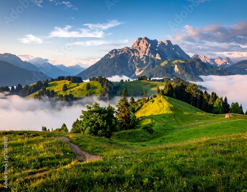 Picturesque alpine valley at sunrise