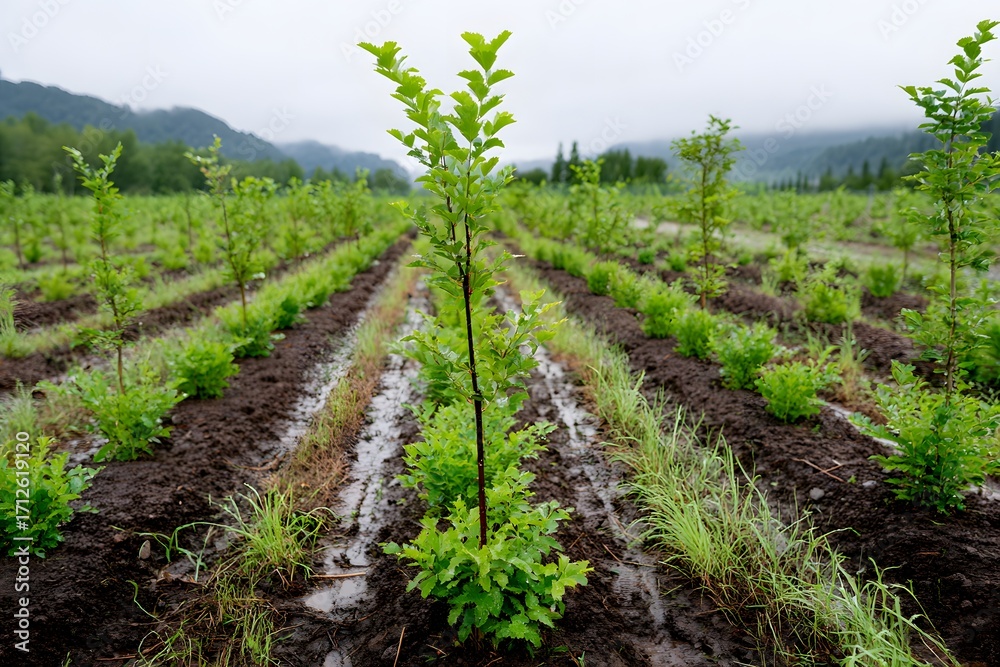 Obraz premium Carbon offset project site with young trees in a rural area Generative AI