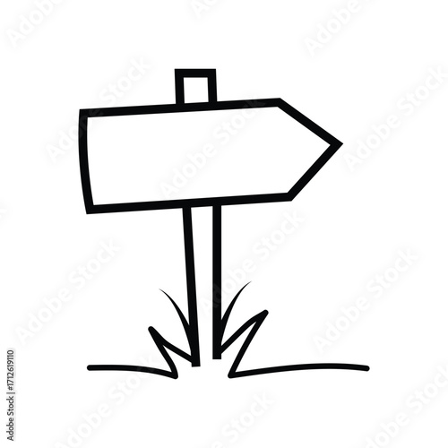 Black line art depicts an arrow signpost planted firmly into rough ground on white background