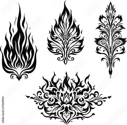 Tribal Flame Tattoo Set Vector — Black Stylized Fire Motifs with Symmetrical Ornamental Designs for Ink Art and Graphic Decor