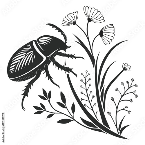 Illustration of a beetle, surrounded by flowers and leaves in a garden