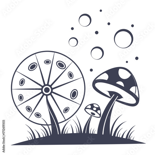 Illustration of mushrooms with circles in dark blue and white color scheme